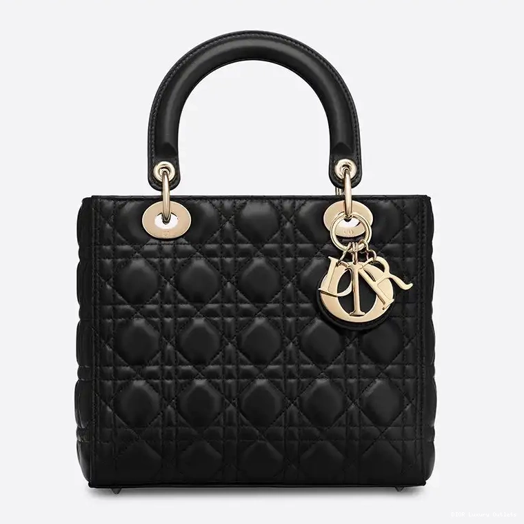 Dior Black Cannage Medium Gold Lambskin Lady Bag 0422 Luxury